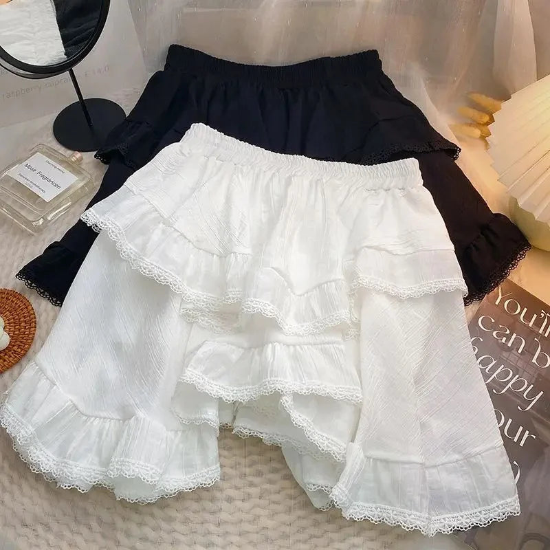 qgtao White Skirt Irregular Ruffles Kawaii Women Mini Skirts Japanese Style Sweet Patchwork Elegant Casual Black Short Skirt