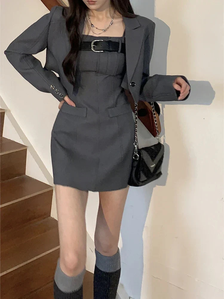 qgtao-Korean Style Two Piece Dress Set Women Elegant Blazer Coat + Strap Dress Set Female Casual France Vintage Dress Suit Spring 2023