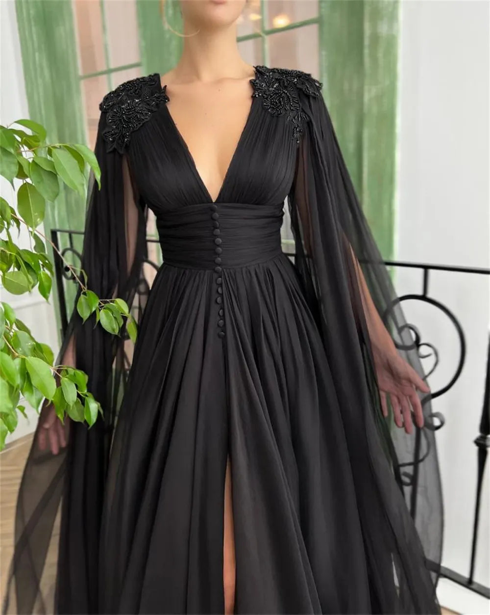 Black Cape Floor Length Prom Dress Sexy Side Split Evening Gown Princess Tulle A-line Prom Dresses