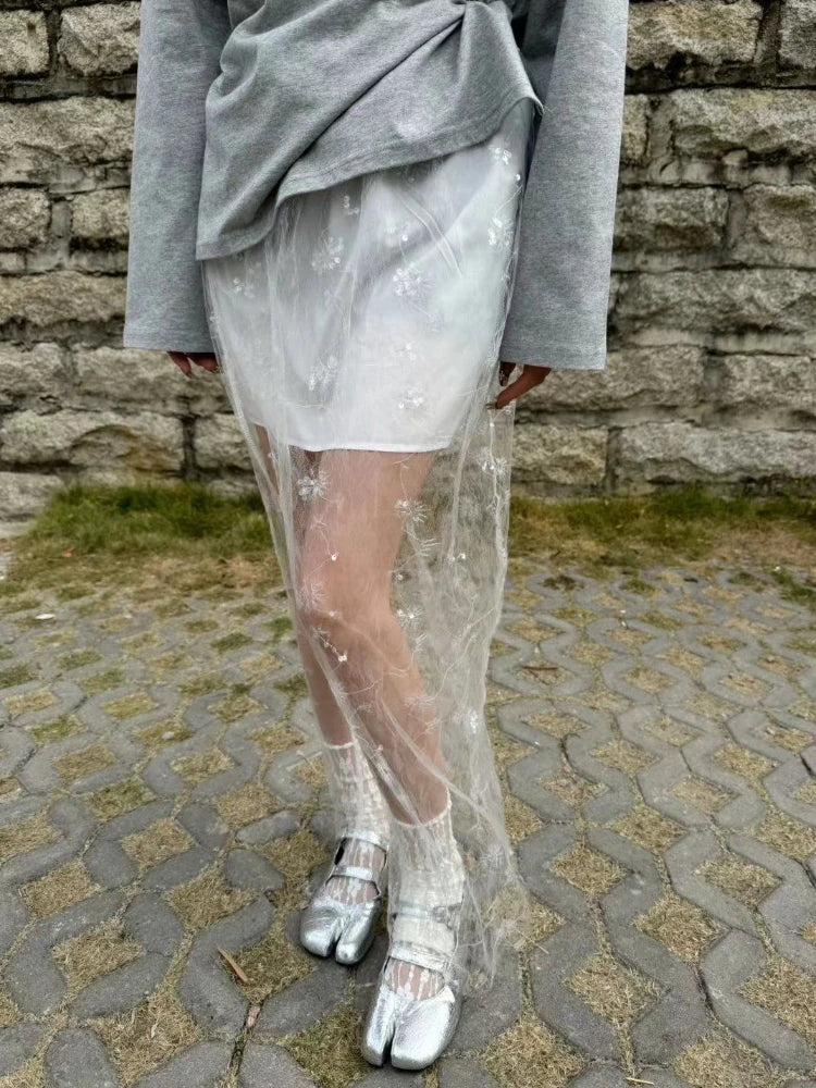 qgtao  See Through Long Skirt Women White Korean Fashion High Waist A-line Sequin Lace Patchwork Sexy Transparent Mesh Skirt