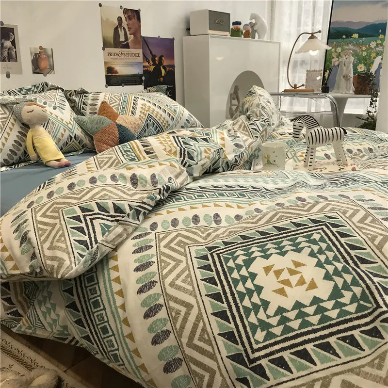 Yeknu - Simple Nordic Bed Four-Piece Set All Cotton Pure Cotton Quilt Cover Bohemian Style 1.5 M1.8 M Apartment Fitted Sheet