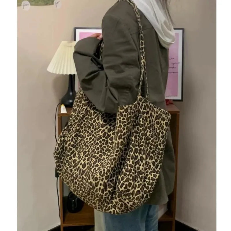 qgtao  Vintage Leopard Print Tote Bag Handbag Women Retro Large Capacity Casual Shoulder Bags Female Harajuku Canvas Y2k Bags