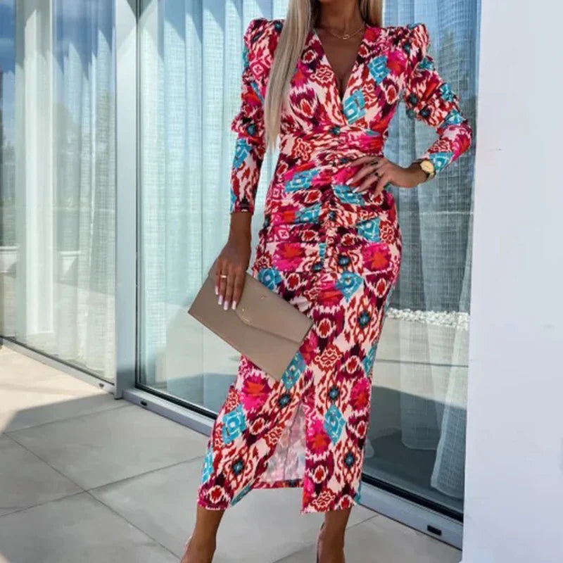 qgtao Women Sexy Floral Print Bohemian Long Dress Spring Deep V-neck Slim Bodycon Party Dress Autumn Puff Sleeve Front Slit Maxi Dress