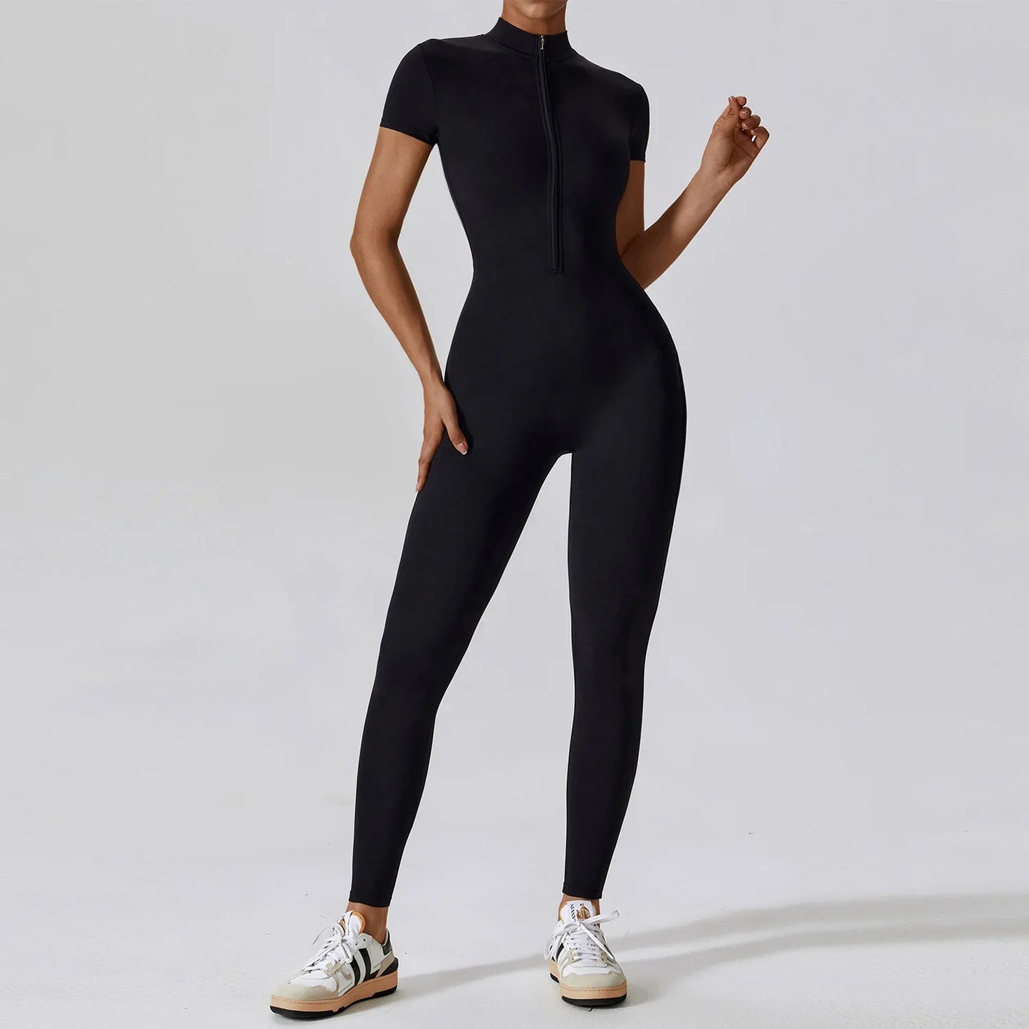 qgtao Yoga Set Women's Jumpsuits One-Piece Suit Zipper Short Sleeve Gym Push Up Workout Clothes Fitness Bodysuit Sportswear Tracksuit