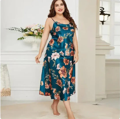 qgtao XL-5XL Big Size Sexy Suspender Nightdress Sleepwear Lingerie Summer Women Nightgown Loose Silky Satin Dressing Gown Loungewear plus