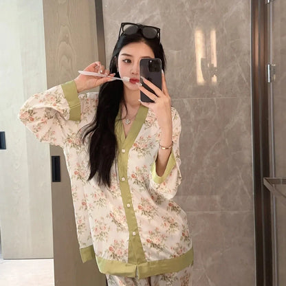 qgtao Spring New Pajamas Women's Ice Silk Flower Print Long Sleeved Loose Size Sleepwear