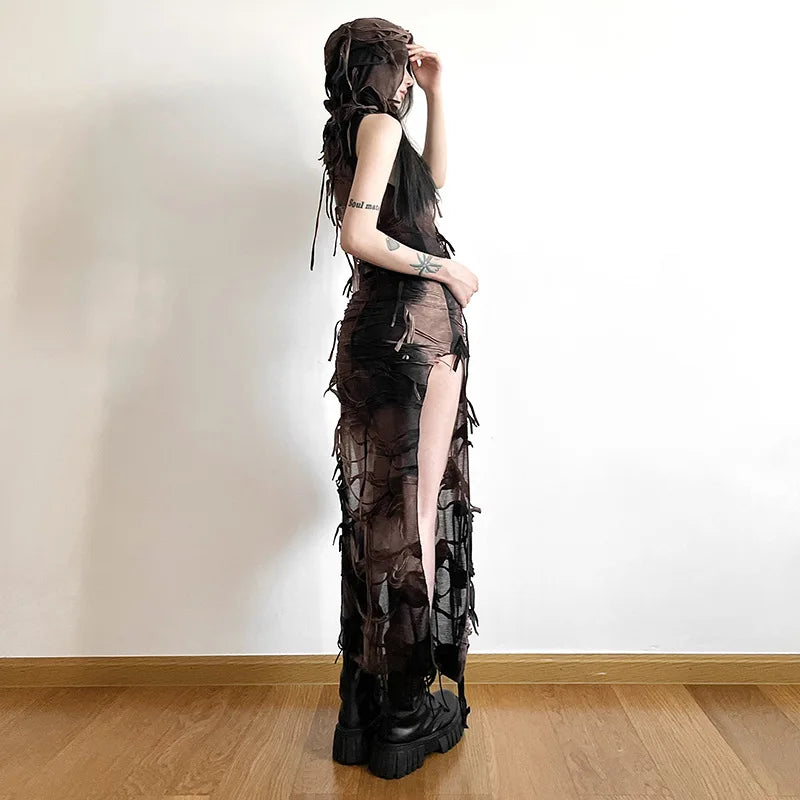 Tassel Vintage Gothic Hooded Midi Dresses Fairy Grunge Y2k Sexy High Split Dress Female Sleeveless Tie Dye Streetwear