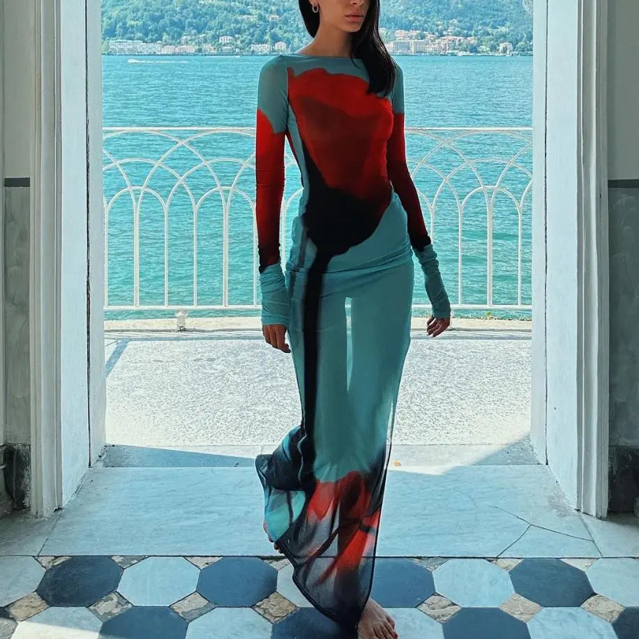 qgtao聽Sexy Women鈥檚 Slim Fit Long Dress Cover-Ups Sheer Mesh Long Sleeve Floral Print Beach Dress Side Split Bikini Cover-Ups 2024