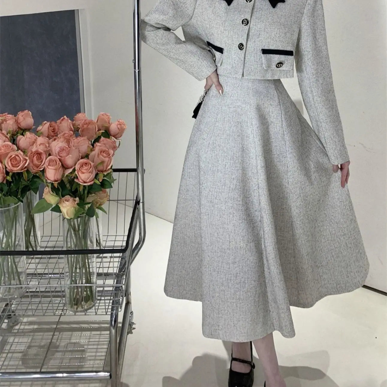 qgtao Korean Elegant Two Piece Set Women Autumn Chic Bow Coat Folds Midi Skirt Set Vintage Office Lady Formal Occasion Party Skirt Set