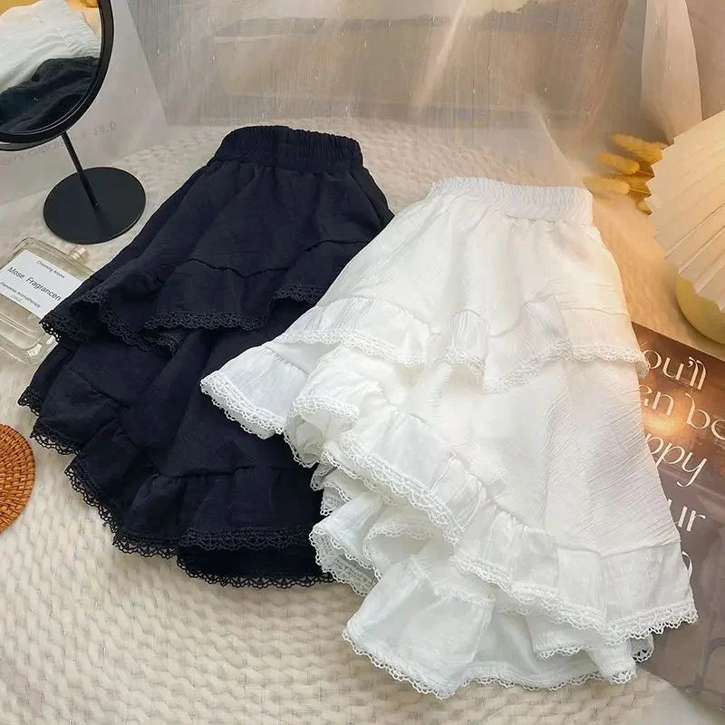 qgtao White Skirt Irregular Ruffles Kawaii Women Mini Skirts Japanese Style Sweet Patchwork Elegant Casual Black Short Skirt