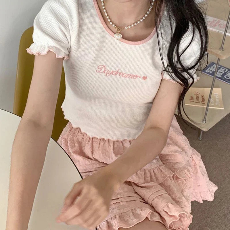 qgtao kawaii Japanese Style Women Mini Skirt Ruffle Layered Lolita Pink Cutecore Sweet Short Skirts Lace Elegant A-line Skirt