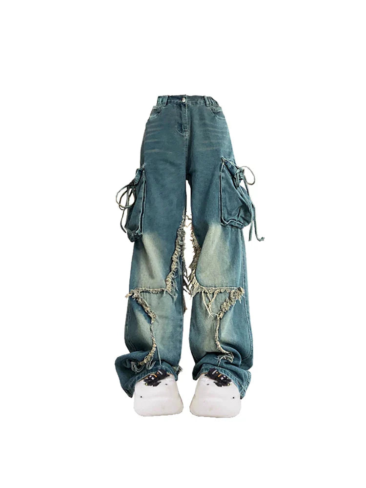qgtao Y2k Trashy 2000s Blue Cargo Jeans Baggy Vintage 90s Aesthetic High Waist Cowboy Pants