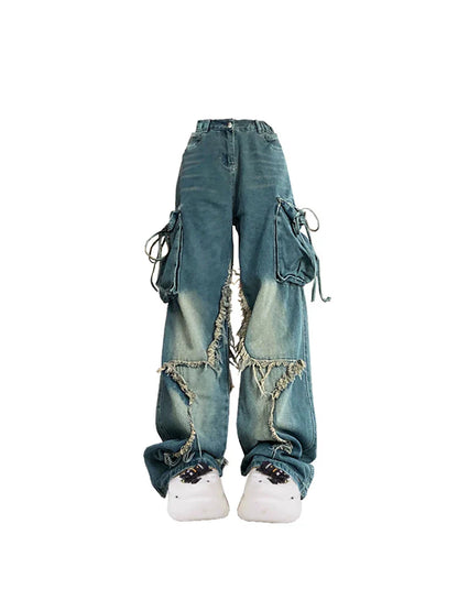 qgtao Y2k Trashy 2000s Blue Cargo Jeans Baggy Vintage 90s Aesthetic High Waist Cowboy Pants