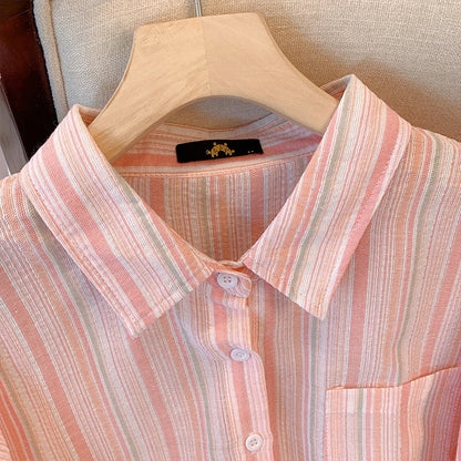 qgtao Plus Size women's spring casual commuter shirt terylene cotton fabric striped top medium long pocket top comfortable breathable