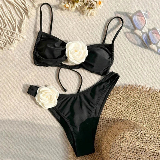 qgtao Sexy Flower Bandeau Swimwear Thong Bikini 2024 Women Lace-up Swimsuits Swimming Bathing Suit Brazilian Bikinis Set Mujer Biquini