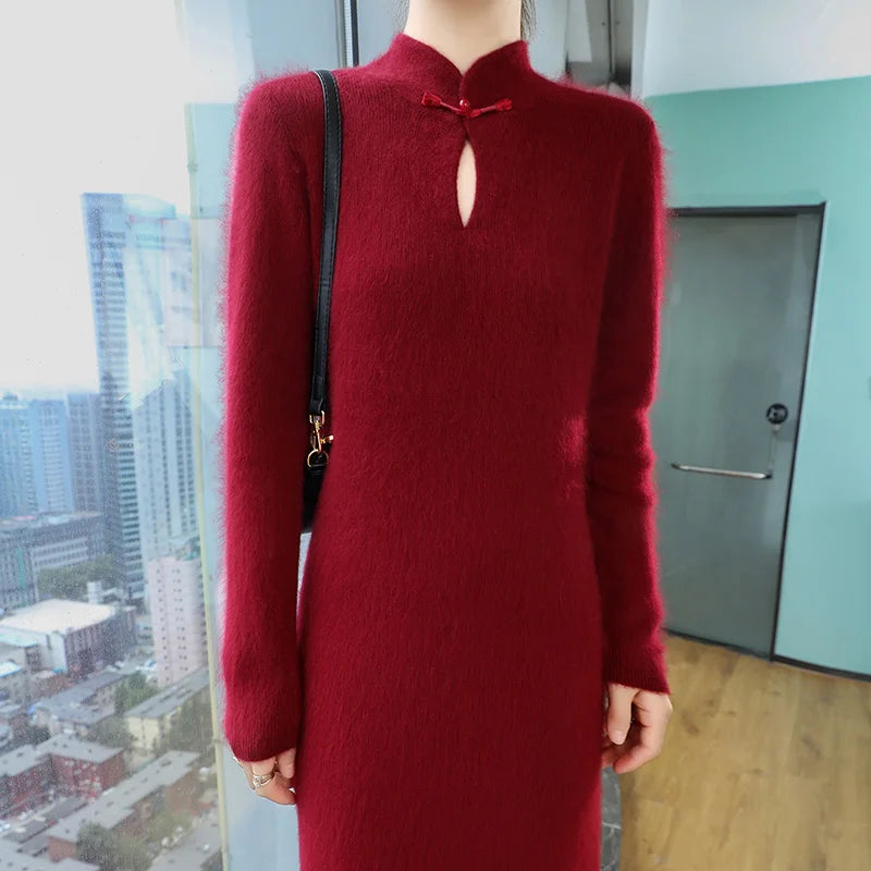 qgtao 100% Mink Cashmere Dress Women's Stand up collar Pullover Long Skirt Slim Fit Fashion Long Warm Dress Autumn Winter Solid Color