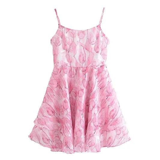 qgtao  Sweet Women Pink Floral Print Sexy Sling Mini Dress Sleeveless Female A-line Mini Summer Dresses Holiday Robe