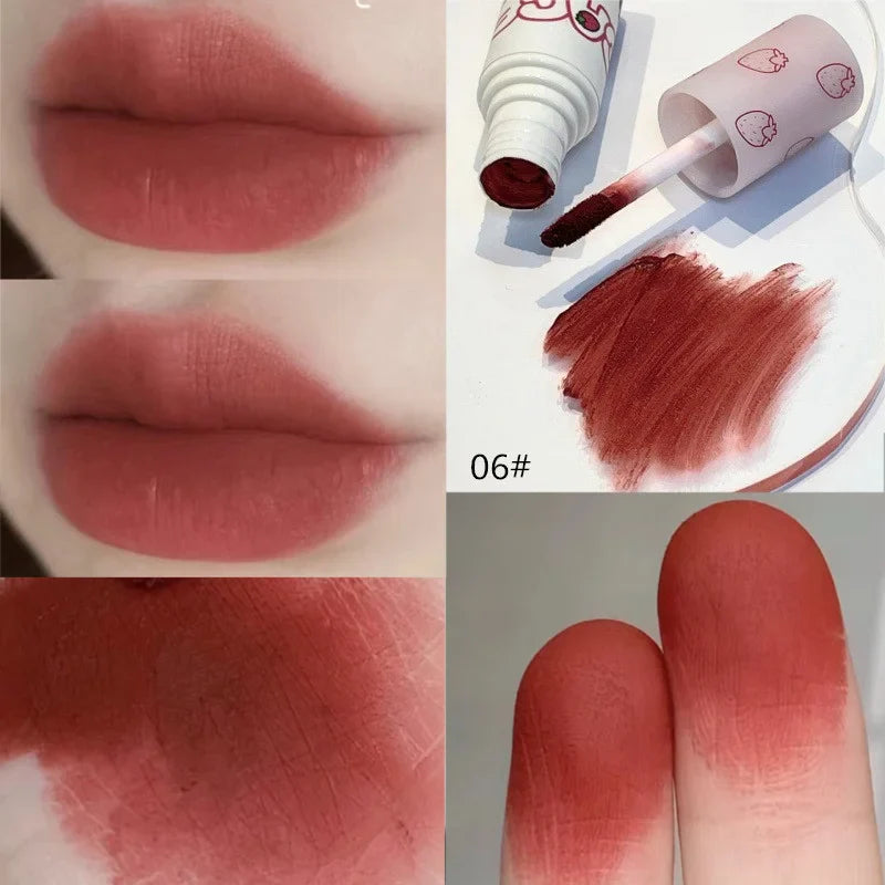 qgtao Lovely Strawberry Matte Liquid Lipstick Velvet Nude Red Lip Gloss Long Lasting Non-stick Cup Lip Mud Tint Cream Makeup Cosmetics