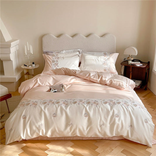 100% Cotton Bedding Set Luxury 4-piece Retro Style 100&#39;s Cotton Flower Embroidery Pink Quilt Cover Princess Bedding