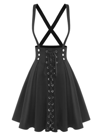 qgtao Plus Size Fashion Buttons Suspender Skirts Women Black Pleated Lace Up Basic Corset Flare Skirt Knee-Length Casual Skirt