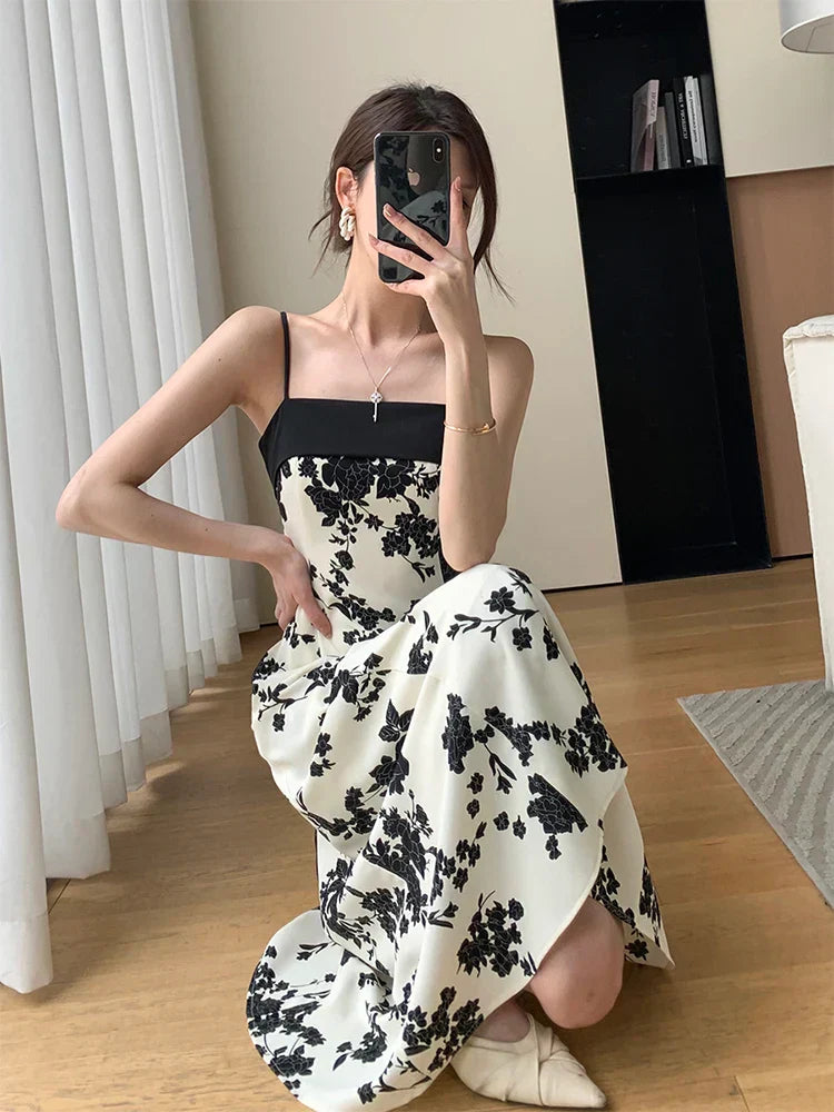 qgtao-New Summer 2023 Long Print Dress for Women Korean Elegant Fashion Sexy Sleeveless Spaghetti Strap Evening Female Clothes