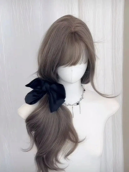 qgtao  -  Gray Brown Wig with Bangs Long Wavy Soft Hair 24inch Body Wave Wig Lolita High Temperature Fiber Headband Peluca Daily Use