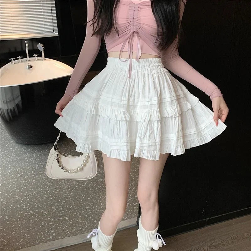 qgtao Lolita Pleated Ruffle Mini Skirts Women Casual White Short Skirt Cutecore Korean Style Sweet Girl Black Layered Skirt