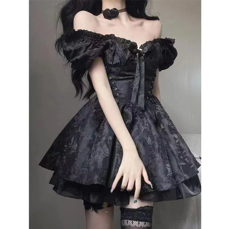 qgtao Gothic Black Mini Dress Women Vintage Sexy Spaghetti Strap High Waist  Dresses 90s Egirl Punk Grunge Slim Party Club Dress Women