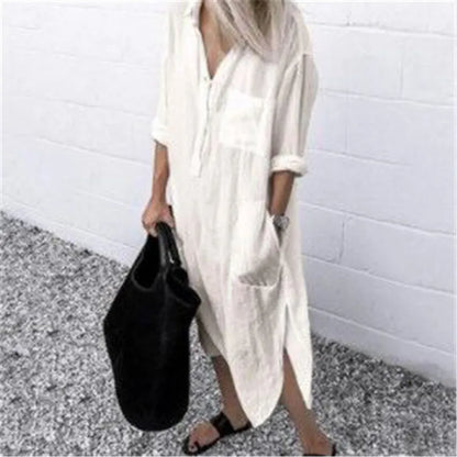 qgtao Plus Size Summer Women's Solid Color Split Dress Elegant Casual Button Pocket V-Neck Long Sleeve Lined Long Lined Dress 2024