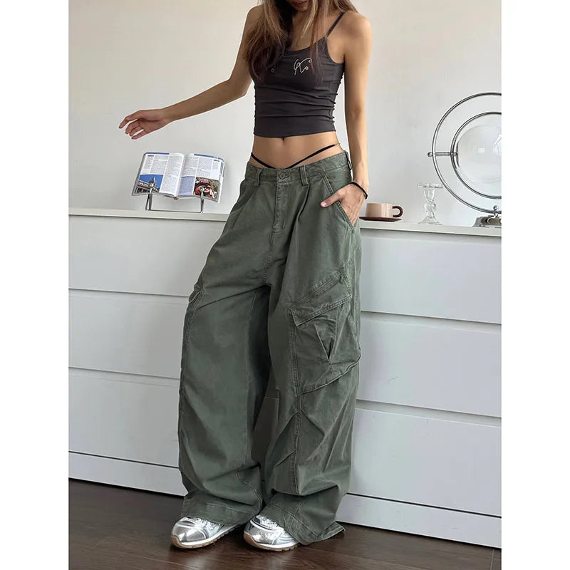 qgtao  -  2024 NEW Green Jeans for Women High Quality High Waist American Wide Leg Pants Solid Y2K Vintage Straight Summer Trousers