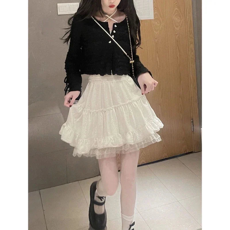 qgtao Kawaii Ruffle White Short Skirt Lace Lolita Elegant Mini Skirts Layered Solid Sweet Elegant Japanese Style Casual Skirt