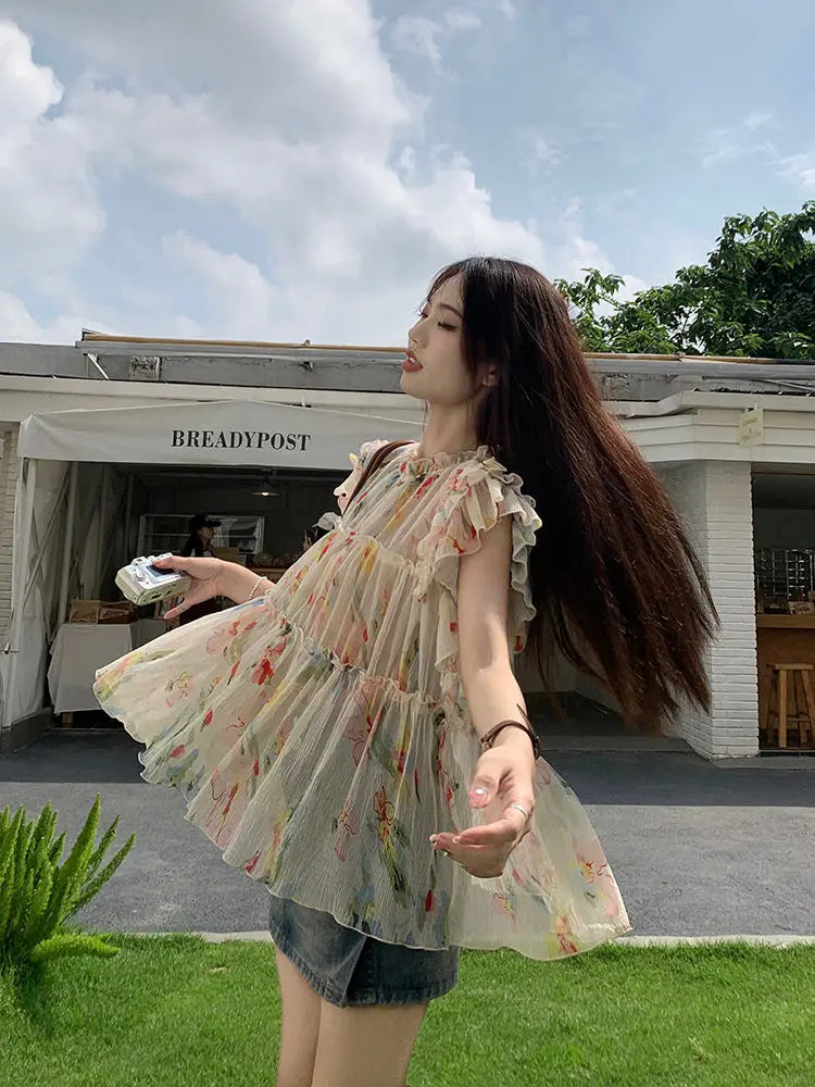 qgtao  -  Elegant Floral Print Chiffon Beautiful Blouse Women Flying Sleeve Shirt Spring Summer Fairycore Pleated Tops Aesthetic