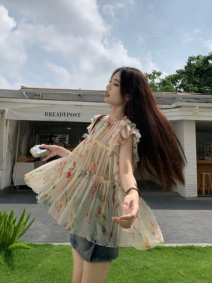 qgtao  -  Elegant Floral Print Chiffon Beautiful Blouse Women Flying Sleeve Shirt Spring Summer Fairycore Pleated Tops Aesthetic