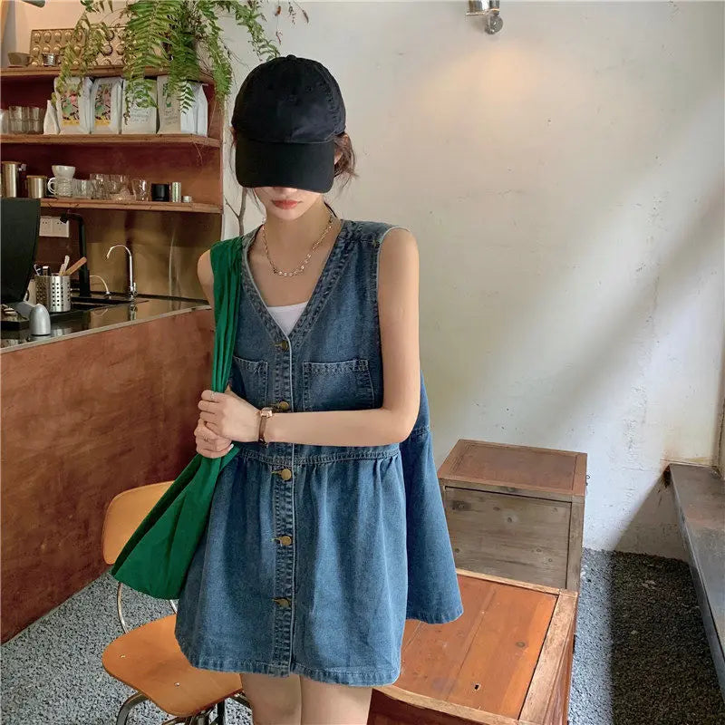 qgtao Sleeveless Dress Women Streetwear Single Breasted Pockets V-neck Denim Females Mini Dresses A-line Pleated Vintage Korean Style