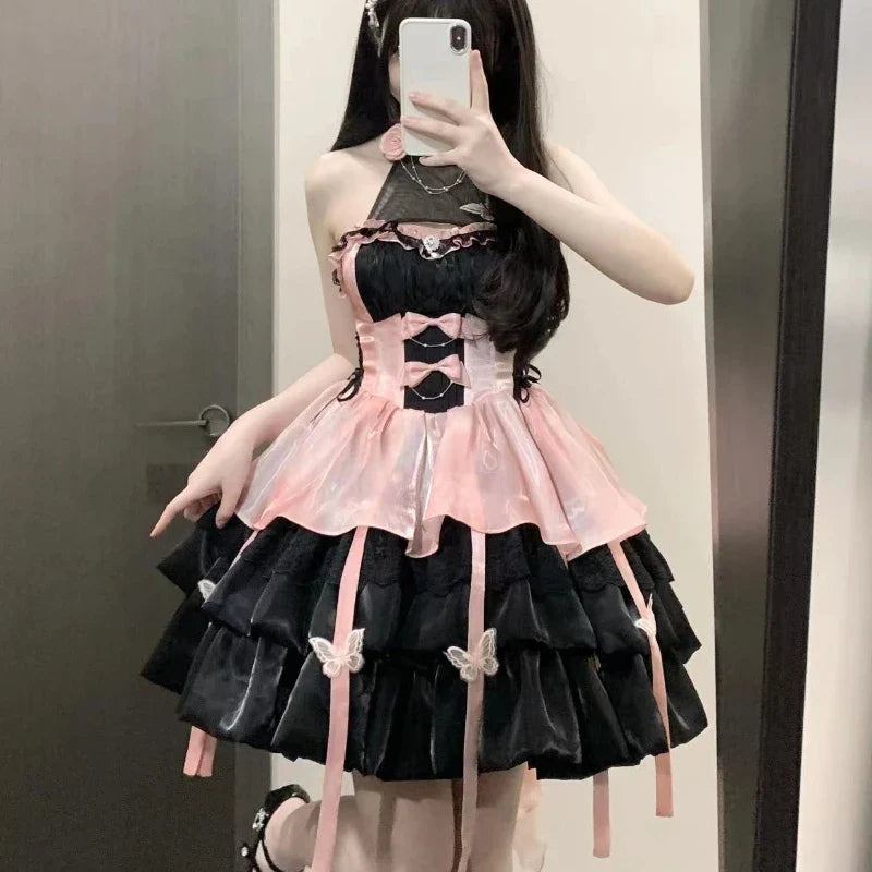 qgtao Vintage Victorian Lolita Princess Mini Dress Women Gothic Y2k Bow Lace Ruffles Sleeveless Party Dresses Girl Sweet Elegant Dress