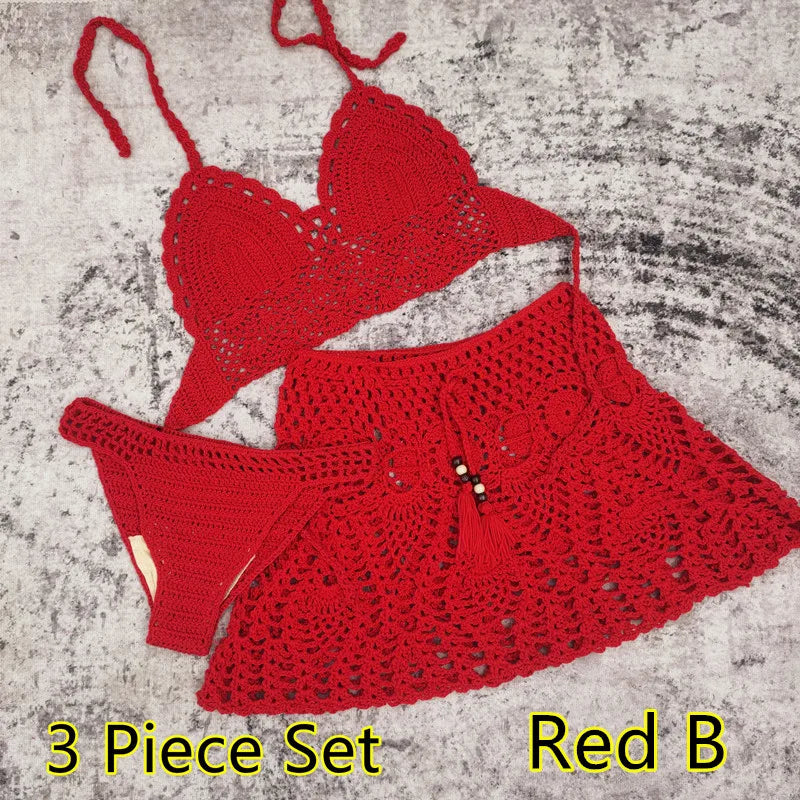 qgtao 2/3 Piece Set Hand Crochet Florens Bikini Women Sexy Beach Skirt Boho Style Elastic Waistband