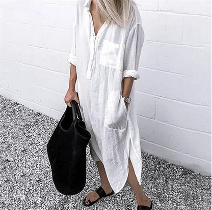 qgtao Plus Size Summer Women's Solid Color Split Dress Elegant Casual Button Pocket V-Neck Long Sleeve Lined Long Lined Dress 2024