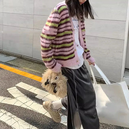 Autumn Striped Mohair Knitted Cardigans Winter Women Vintage Gentle Elegant Loose Sweater Casual V-neck Long Sleeve Knitwear