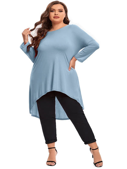 qgtao Plus Size Long Sleeve Spring Fall Hi Low Tunic Tops Women Long Loose Fit Flare Swing Blouse T Shirt Large Size Casual Tops 6XL