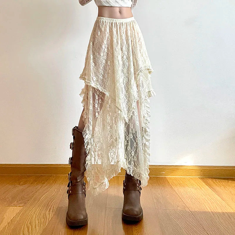 qgtao Lace Vintage Long Skirts Irregular Holiday Y2k Dress for Women Boho Tulle Midi See Through High Waist Elegant Loose