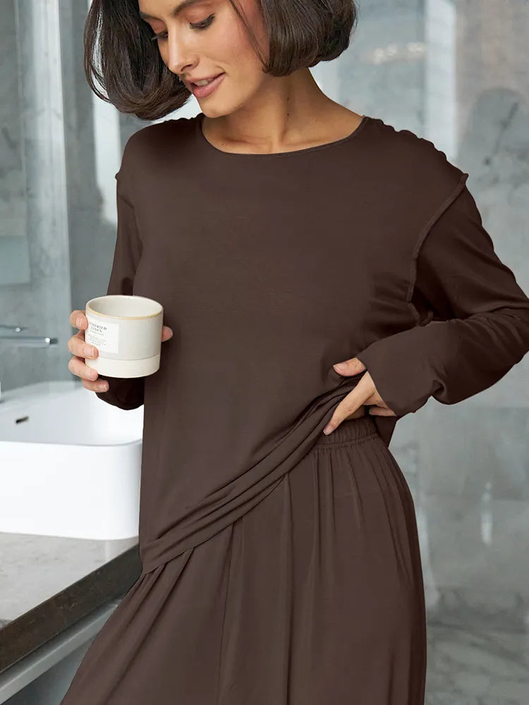 qgtao Brown Knitting Sleepwear Women's Suit Round Neck Loose Pajamas For Women Long Sleeve High Waist Night Wears For Women Sets