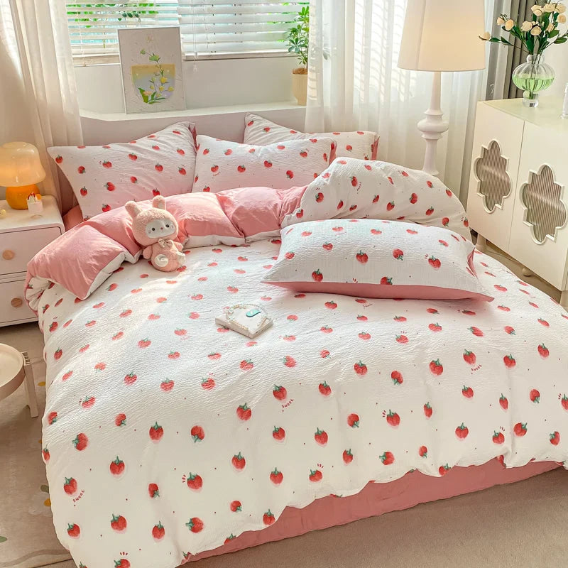 Yeknu Ins Pink Strawberry Cute Bedding Set Cartoon Fruit Duvet Cover Soft Queen Full Size Flat Bed Sheet Girls Quilt Cover Pillowcase