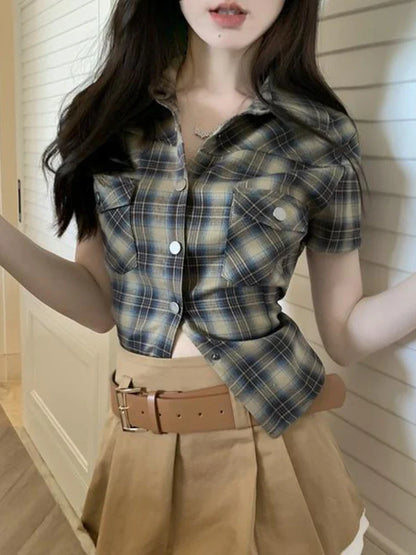 qgtao  -   Vintage Short Sleeve Plaid Shirt Women 90s Button Up Cardigan Blouse Female American Retro Sexy Cargo Tight Tops