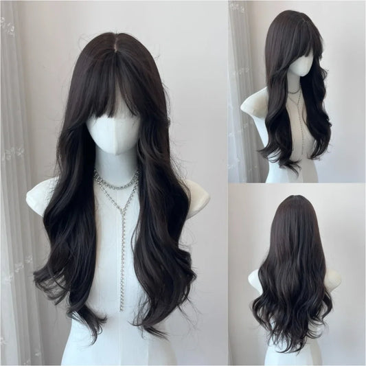 qgtao  -  Long Wave Wig Black Wavy Wigs with Bangs Naturally Soft Synthetic Wig for Cosplay Daily Use Heat Resistant Headband Wigs