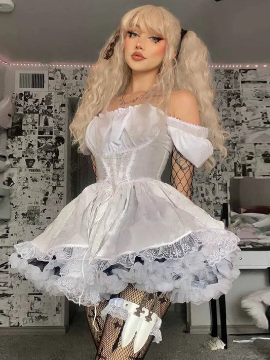 qgtao Summer Lolita Dress Kawaii White Lace Patchwork Bandage Gothic Mini Dresses Vintage Square Collar Puff Sleeve Streetwear