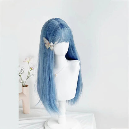 qgtao  -   Wig for Women Blue Wigs with Bangs Long Straight Hair 24inch Cosplay Natural Headband Synthetic Wig  Pelucas