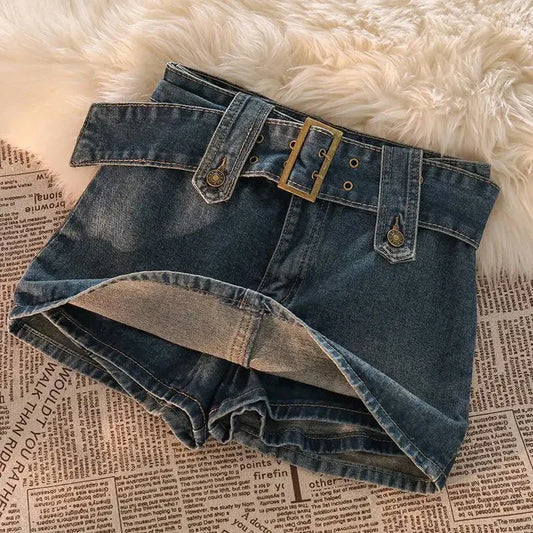 qgtao Vintage Denim Mini Skirts Women Summer Sexy Solid Belt Jeans Skirts Female Casual Ball Gown Korean Slim A Line Skirts