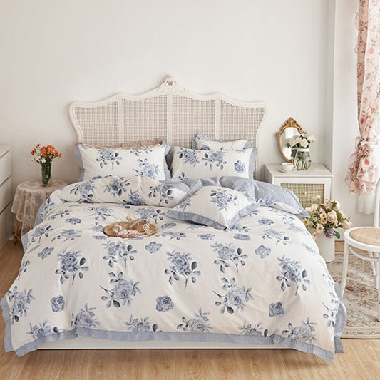 Yeknu Floral Blossom Print Duvet Cover Blue White Botanical 100%Cotton Comfy 4Pcs Double Queen King Bedding Set Bed sheet Pillowcases