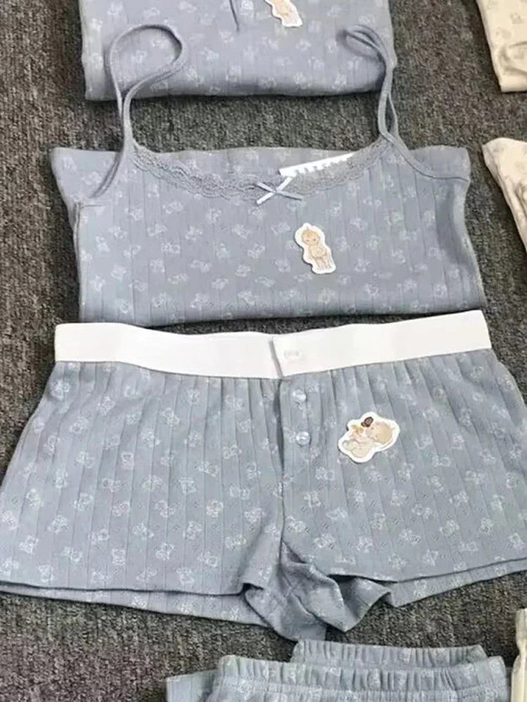Little Bear Eyelet Cotton Vest Shorts Set Summer Sweet Bow Lace Camis Tops And Shorts Vintage Cute 2 Piece Sets Women Outfit New