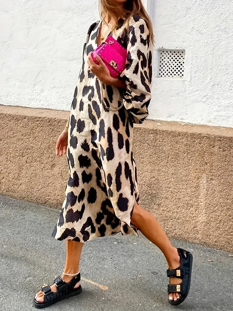 qgtao Elegan V-neck Leopard Print Maxi Dress For Women Vintage Lantern Sleeves Loose Vestido 2024 Spring Casual Female High Streetwear